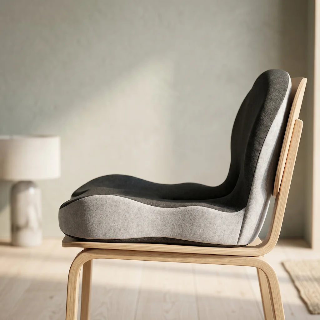Ergonomic L-Shape seat cushion on wooden chair — black and grey back support