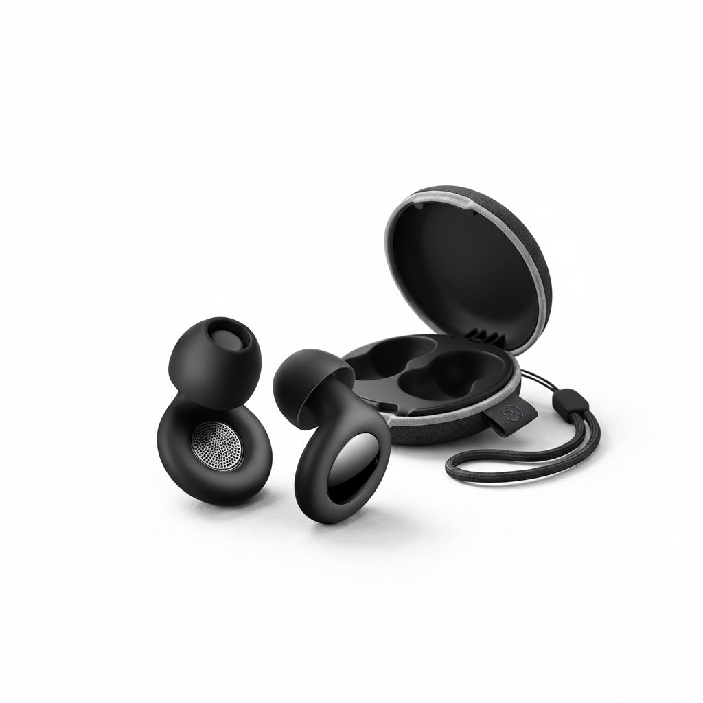 SleepEase ear plugs with black charging case on light grey background