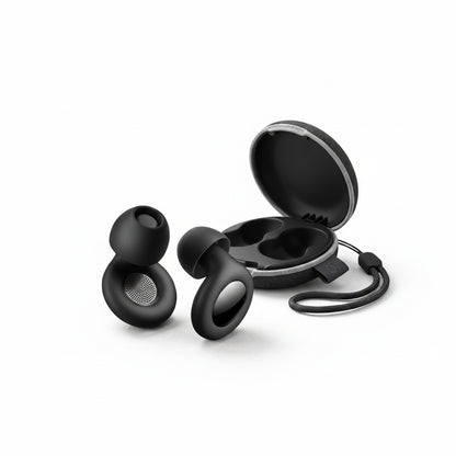 SleepEase ear plugs with black charging case on light grey background