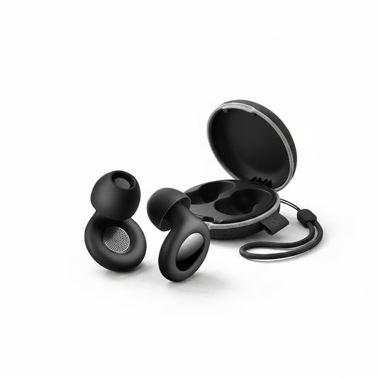 SleepEase ear plugs with black charging case on light grey background