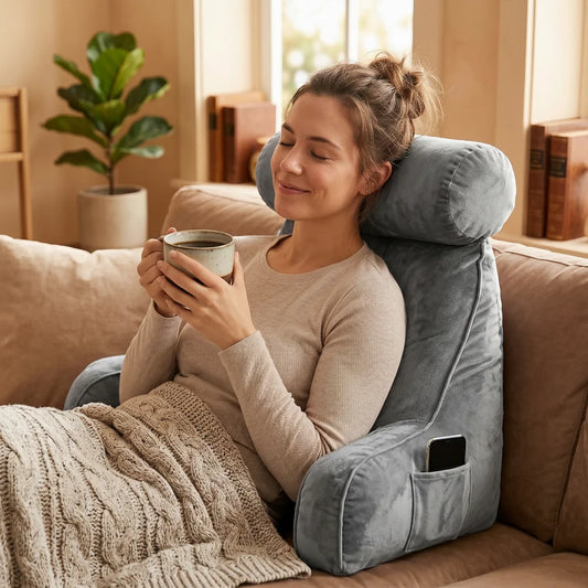 BedRest reading pillow supporting woman on sofa — grey velvet with side pockets